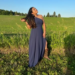 Navy blue David’s bridal dress